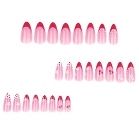 French Tip Press on Nails Short Almond Press on Nails with Cherry Flowers Design Cute Fake Nails Summer Glue on Nails Red French Tip Nails Glossy Pink Acrylic Full Cover Stick on Nails for Women 24PCS
