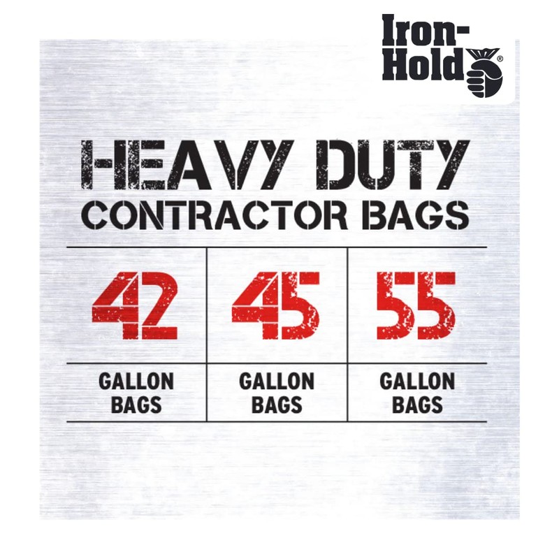 Iron-Hold Contractor Trash Bags - 55 Gallon, 15 Bags, Wing