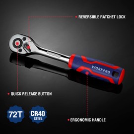 WORKPRO 3-Piece Ratchet Set, 1/4", 3/8", 1/2" Quick-Release Reversible 72-Tooth Drive Socket Wrench