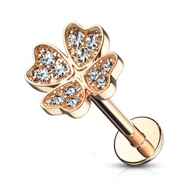 PiercedOff Rose Gold Tone316L Surgical Steel Labret with CZ Jewelled Shamrock - Length 6mm Width 1.2mm