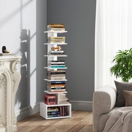 TUTOTAK Narrow Bookshelf, Vertical 8-Tier Bookcase, Spine Book Shelf for Small Space, Small Standing Shelf for Living Room, Office, Study, Entryway, White BS07BW008