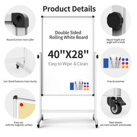 40x28 Inches Mobile Whiteboard, Double Sided Magnetic Dry Erase Board Height Adjustable Whiteboard with Stand for Home Office Classroom