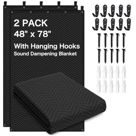 2-Pack Sound Dampening Moving Blankets, 48 x 78 in, 5 Hooks Included