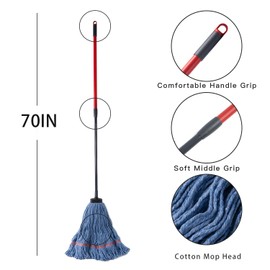 Matthew Commercial&Residential Mop Heavy Duty Industrial Mops with Screw-on Handle(Fit Standard American Screw) Looped-End String Wet Cotton Mops for Home,Office,Warehouse - 4 Set&4 Mop Replacements