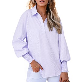 Astylish Womens Trendy Collar Long Sleeve Henley Shirts Fine Striped V-Neck Button Down Teacher Tops Blouse for Pocket Shirred Orchid Petal Large