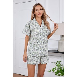 LUBOT 100% Cotton Women's Pajamas Set Button-Down Two-piece PJ Set Short Sleeve Printed Patterned Summer Sleepwear Loungewear (Green Floral, M)