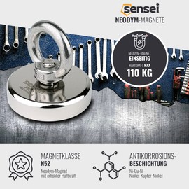 SENSEI Magnet 110 kg, N52 Neodymium Magnet with Top Eyelet, Diameter 5 cm x Height 1.5 cm, Very Strong Neodymium Eyelet Magnet for Home, Workshop, for Magnetic Fishing in Water