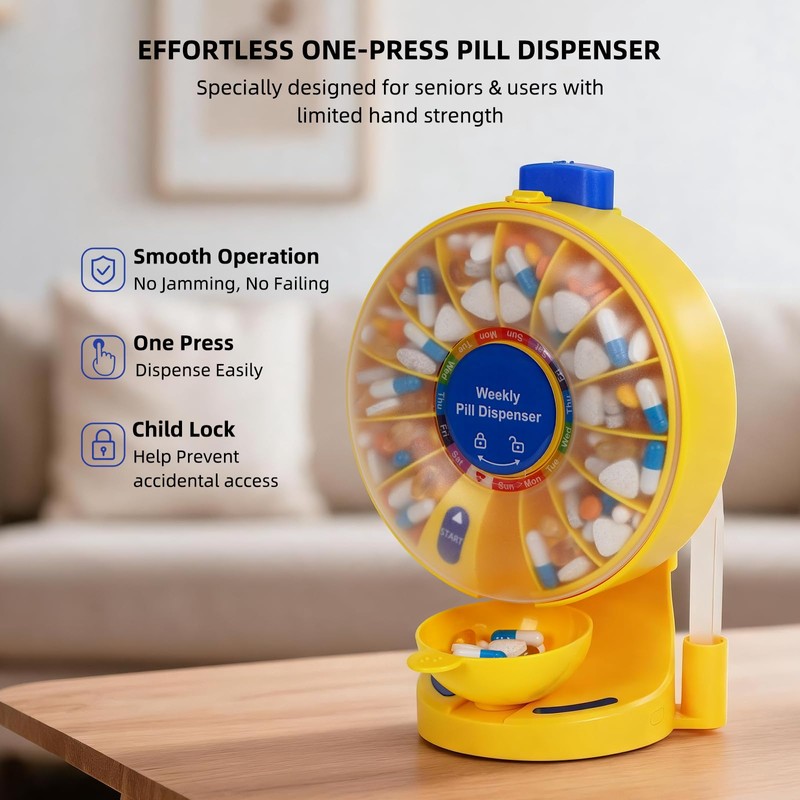 Daily Pill Organizer with One-Touch Button & Child Lock for