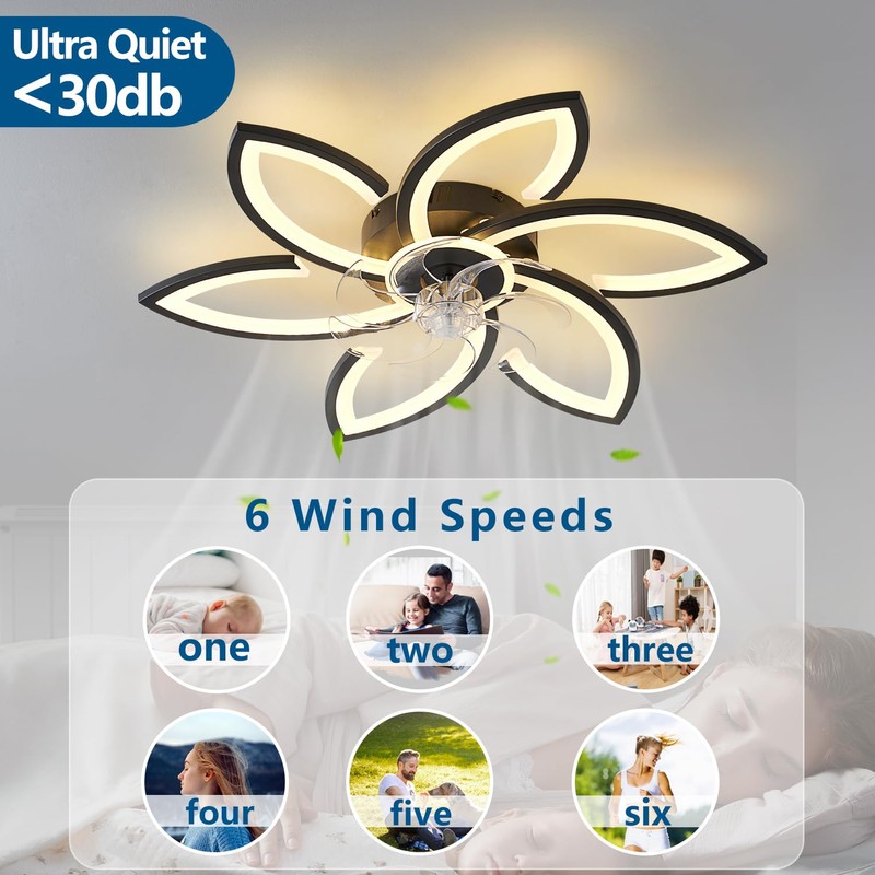 Dalouguan Ceiling Fan with Lights Remote Control, Black Flower Ceiling