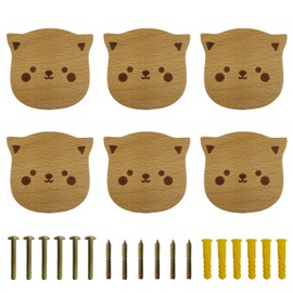 Tyqzor 6PCS Wooden Cat Shaped Cabinet Knobs, Cabinet Handles, Single Hole Beech Wood Handles, Wood Hooks with Full Set of Screw Accessories