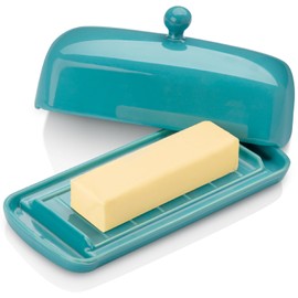 Nucookery Ceramic Butter Dish with Lid for Countertop, White Butter Holder with Raised Non-Slip Strip, Butter Keeper and Container Holds 1 Butter Stick, Easy to Clean & Dishwasher Safe, Royal Blue