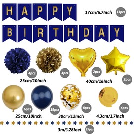 ZERODECO Birthday Decorations - Navy Blue Gold Party Decorations with Banner, Pompoms, Balloons for Boys, Girls, Men, Women
