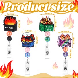 Landical 4 Pack Dumpster Fire Badge Reels Retractable Glitter Funny This is Fine Nurse Badge Holder with Swivel Alligator Clip for Nurse Doctor Office Worker Gift ID Name Tag Decorative Metal Clips