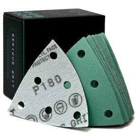 Serious Grit - 3.5" (93mm) 6-Hole 180 Grit Triangle Sanding Sheets - Fits Festool Rotex RO 90 Delta - Heavy-Duty Hook & Loop Film Disc Abrasives - Sandpaper for Detail Sanders - 50 Pack Box