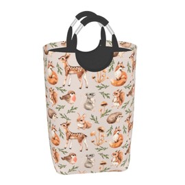 LIBIFALL Forest Animals Large Laundry Basket Cute Deer Fox Laundry Hamper Bag Collapsible Laundry Baskets Clothes Hamper with Handles Woodland Animal Storage Baskets For Bathroom,Dorm,Family 50L