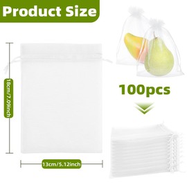 100Pcs Fruit Protection Bags 5''×7'' Fruit Netting Bags for Fruit Trees White Fruit Netting Cover Mesh Bags with Drawstring Reusable Organza Bags Pest Barrier for Protect Plant Fruit Flower Vegetable