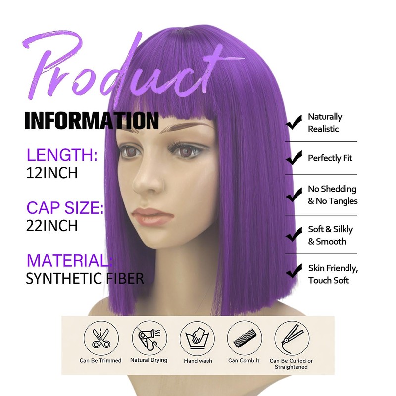 siswin Purple Short Straight Bob Wig with Bangs for Women(12inch,Purple)