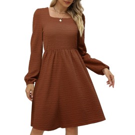 Doreyi Winter Dress for Women Long Sleeve Square Neck Dress for Women Elastic Waist Dresses for Women Brown