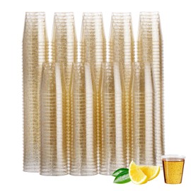 MATANA 600 Clear Plastic Shot Glasses with Gold Glitter, 30ml - Gold Jelly Shots, Jello & Tequila Shots, Sample Tasting Cups - Birthdays, Weddings, BBQ, Parties - Sturdy & Reusable