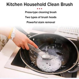 Pot Brush Soap Dispensing Dish Brush Storage Set, Kitchen Cleaning Brush with Bracket，Pot Pan Sink Cleaning (2-Piece Brush Head Set)