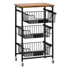 OKZEST 4-Tier Small Kitchen Storage Cart on Wheels, Metal Fruit Basket Stand with Pull-Out Baskets & Wood Top for Potato Onion Produce Snack Veggies