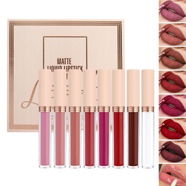 Red Lip Gloss Lipstick Set, 8 PCS Matte Pink Liquid Lipsticks Set, Brown Non-stick Cup Nude Pink Lipgloss, Highly Pigmented Plumper, Long Lasting Lips Oil Kit, Gift for Women Makeup