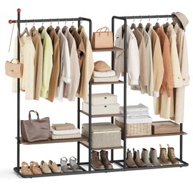 SONGMICS HOME Clothes Rack, Open Wardrobe, Freestanding Closet, Heavy-Duty Garment Rack, 6 Storage Shelves, 2 Hanging Rails, Matchstick-Shaped Hooks, Natural Walnut and Ink Black URGR012B01