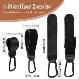 Pack of 4 Pram Hooks for Bags, Pram Bag Holder Made of Leather, Pram Hooks for Changing Bags, Universal Pram Trailer, Pram Accessories, Bag Hook (Black)