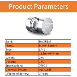 HAOFILM LR41 AG3 392 384 192 Advanced Alkaline Battery, 1.5V Round Coin Cell Battery (Pack of 10)