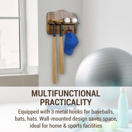 MyGift Baseball and Bat Organizer Display Rack with 3 Metal Hanging Hooks, Wall Mounted Solid Burnt Wood Baseball Holder Shelf for Balls, Bats, Hats