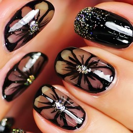 Black Flower Press on Nails 24Pcs Sparkly French Tips Acrylic Fake Nails Curve Line Stick on Nails Glossy Silver Glitter False Nails Black Daisy Gel Glue on Nails for Coquette Women Girls