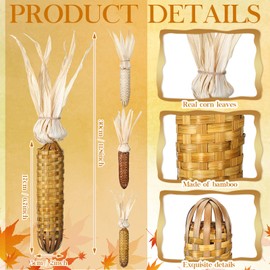 Weysat 3 Pcs Fall Thanksgiving Fake Corn Ornament Autumn Harvest Rustic Farmhouse Decor Handmade Bamboo Woven Corn on The Cob with Husks Fall Decor for Home Kitchen Wall Door Shelf Fireplace