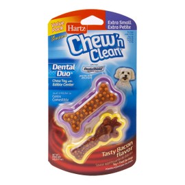 Hartz Chew ‘n Clean Dental Duo Dog Chew Toy, Dog Toy & Bacon Flavored Treat in One, Color & Toy Size Varies