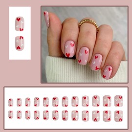 Pink Valentine’s Day Press on Nails Short Square Fake Nails Valentine’s Day Nails Press ons Full Cover False Nails with Heart Designs Acrylic Glue on Nails Stick on Nails for Women 24Pcs