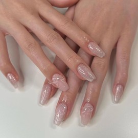 Glitter Nude False Nails Coffin, SXVME Valentine Press on Nails Medium Short Ballerina Fake Nails with 3D Bow Design Acrylic Nails Glossy Nude Glue on Nails Press ons for Nail Art 24 Pcs