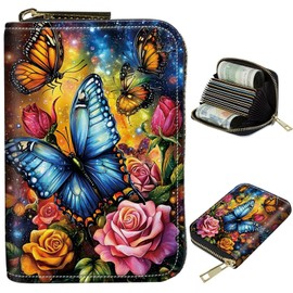 BWEGRHE Cute Credit Card Holder with Zipper, Color Butterfly Rose RFID-Blocking Card Case Small Wallet for Women Men, Multi-slot Card Organizer Case Travel Accordion Wallet
