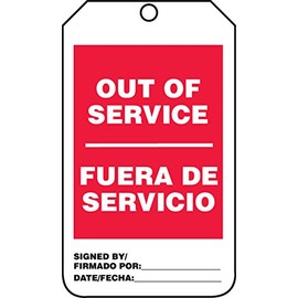 Accuform TSP505CTM PF-Cardstock Bilingual Spanish Safety Tag, Legend "Out of Service/FUERA DE", 5.75" Length x 3.25" Width x 0.010" Thickness, Red/Black on White (Pack of 5)