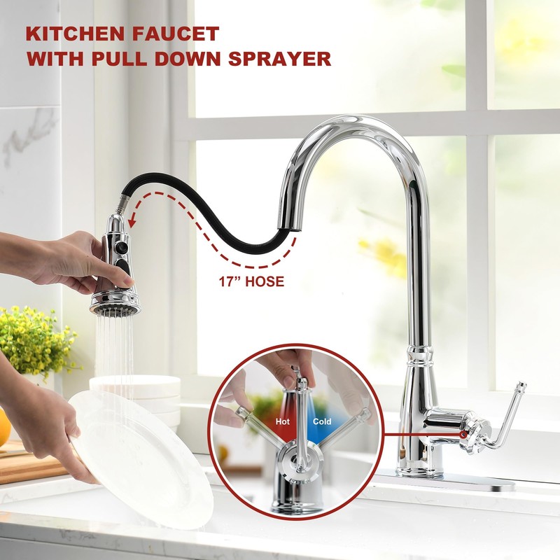Lavatrum Kitchen Faucet with Pull Down Sprayer, 17 inch Polished