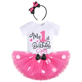 Baby Girls One 1st Birthday Outfit Mini Polka Dots Romper Tutu Dress Sequin Bowknot Mouse Headband Princess Skirt One Years Old Clothes Set for Kids Prom Dance Evening Ball Gown Hot Pink-1ST 1T