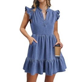 POTILI Denim Dress for Women Ruffle Short Sleeve V Neck Jean Mini Dress with Pockets Blue