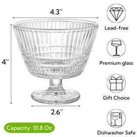 Nagpew 6 Pack Glass Dessert Bowls Set, 10.8 Oz Vintage Ice Cream Cups with Pedestal, Fluted Sundae Dishes Pudding Footed Bowl for Ice Cream, Dessert, Parfait, Candy, Fruit