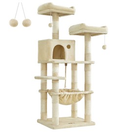 Feandrea Cat Tree, 56.3-Inch Cat Tower for Indoor Cats, Multi-Level Cat Condo with 11 Scratching Posts, 2 Perches, Cave, Hammock, Beige UPCT15BE