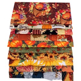 BrightGlow Pack of 10 Thanksgiving Cotton Fabrics Patchwork Sunflower Pattern Fat Quarter Bundles Pumpkin Fabric Squares Autumn Maple Plaid Patchwork Printed Cotton Fabric Sets for DIY Crafts 50 x 50