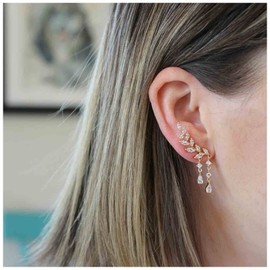 Inilbran Boho Rhinestone Ear Climber Earrings Gold Leaf Ear Cuff Wrap Crawler Earrings Vintage Crystal CZ Cuff Earrings Sparkling CZ Dangle Drop Earrings Jewellery for Women and Girls, Crystal