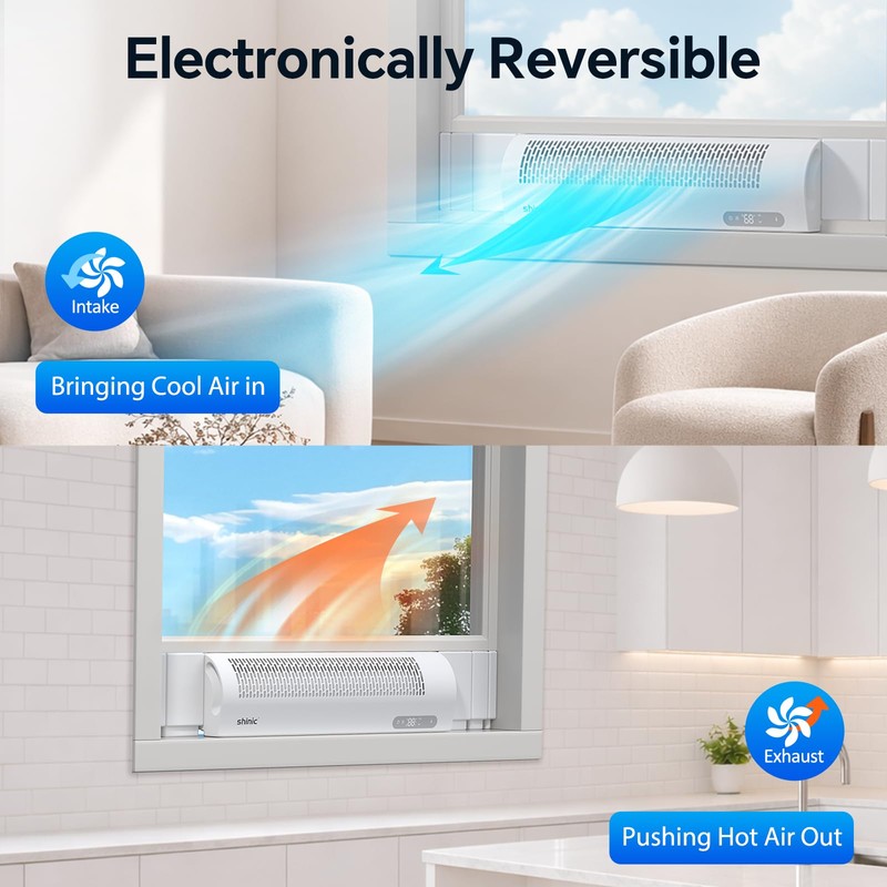 shinic Window Fan with Reversible Airflow, 4 Speeds, Thermostat Remote