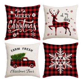 Weihnachts-Kissenbezüge, 61 x 61 cm, Set mit 4 roten und grünen Weihnachtskissen, Weihnachtsbaum, Hirsch, Weihnachtsmann, Kissenbezüge, Zuhause, Outdoor, Sofa, Couch, Kissenbezüge für