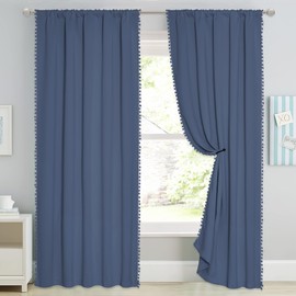 StangH Stone Blue Blackout Curtains 84 inch for Living Room/Patio Sliding Door, Pompom Thermal Insulated Door Panels for Bedroom, Nursery Kids Home Decoration, W52 x L84, 2 Panels