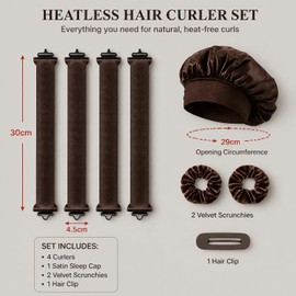 8 Pcs Brown Hair Rollers with Hooks & Satin Hat Heat Free Overnight