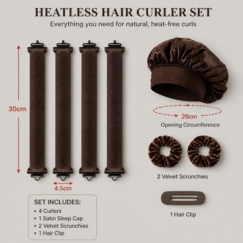 8 Pcs Brown Hair Rollers with Hooks & Satin Hat