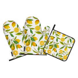 Samgula Yellow Lemon Oven Mitts and Pot Holders Sets Summer Fruit Leaves Nature Floral Heat Resistant 3pcs for Cooking Baking BBQ